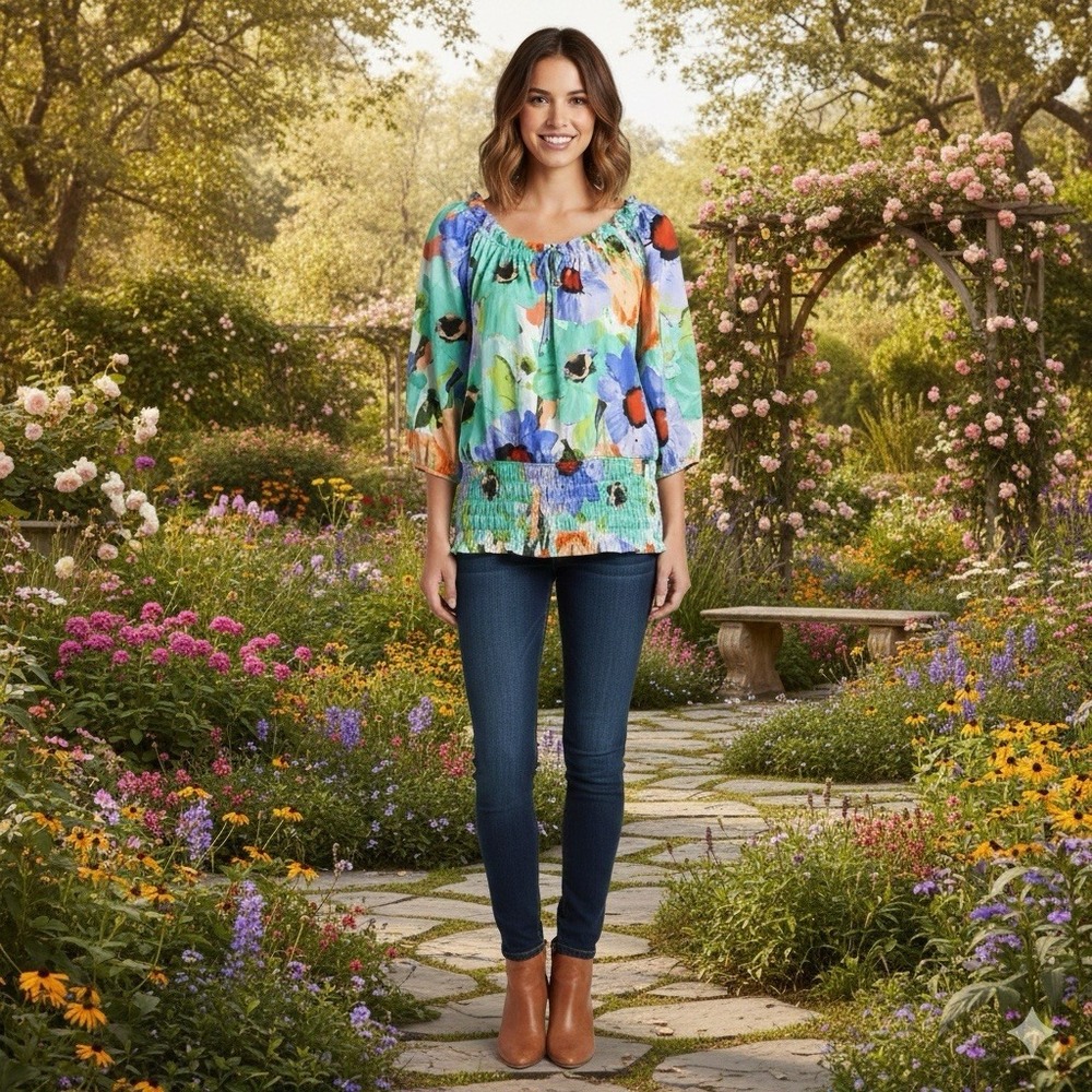 New Cato Womens Size XL Floral Blouse Blue Green Smocked Waist Peasant Top Boho